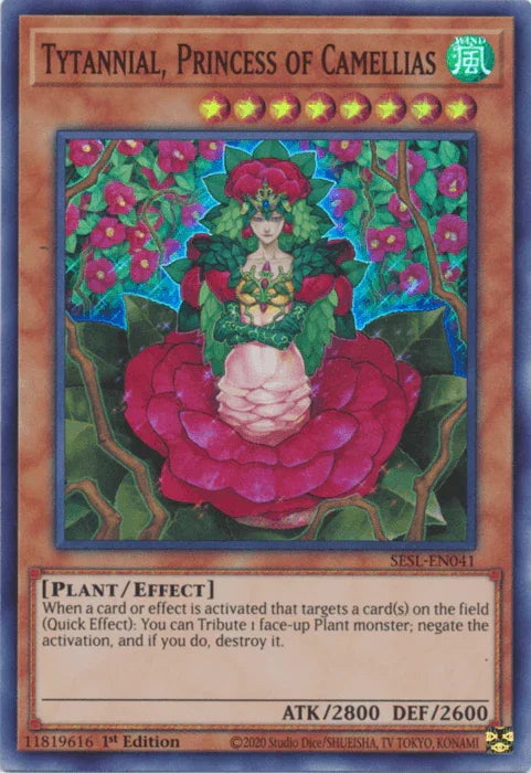 1st Edition, Effect Monster, Plant, Secret Slayers, Super Rare, Wind Tytannial, Princess of Camellias [SESL-EN041] Super Rare - Trading Card World