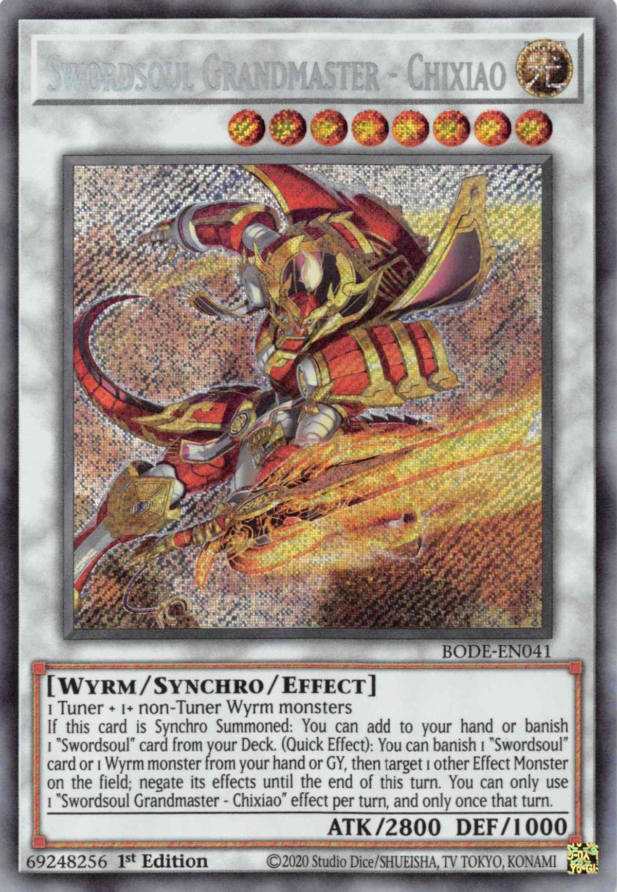 1st Edition, Burst of Destiny, Light, Secret Rare, Synchro/Effect Monster, Wyrm Swordsoul Grandmaster - Chixiao [BODE-EN041] Secret Rare - Trading Card World
