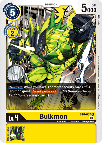 BT6-037, Champion, Common, Digimon, Double Diamond, Dragonkin, Vaccine, Yellow Bulkmon [BT6-037] [Double Diamond] - Trading Card World