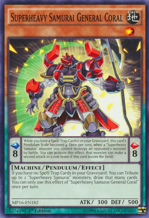 1st Edition, 2016 Mega-Tins Mega Pack, Common, Earth, Machine, Pendulum/Effect Monster, Unlimited Superheavy Samurai General Coral [MP16-EN182] Common - Trading Card World