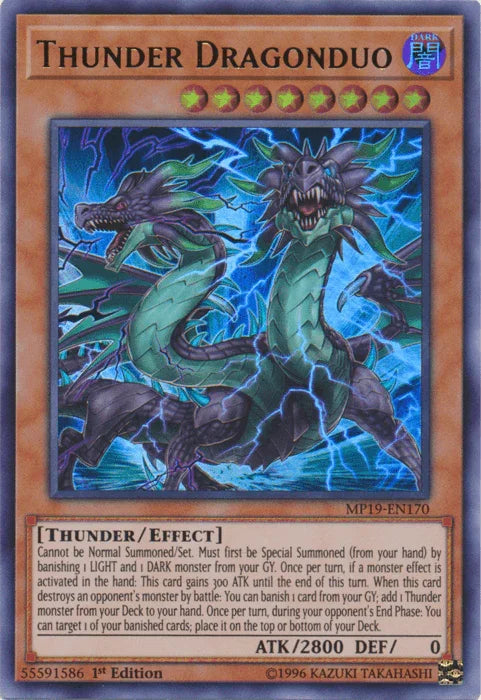 1st Edition, 2019 Gold Sarcophagus Tin Mega Pack, Dark, Effect Monster, Thunder, Ultra Rare, Unlimited Thunder Dragonduo [MP19-EN170] Ultra Rare - Trading Card World