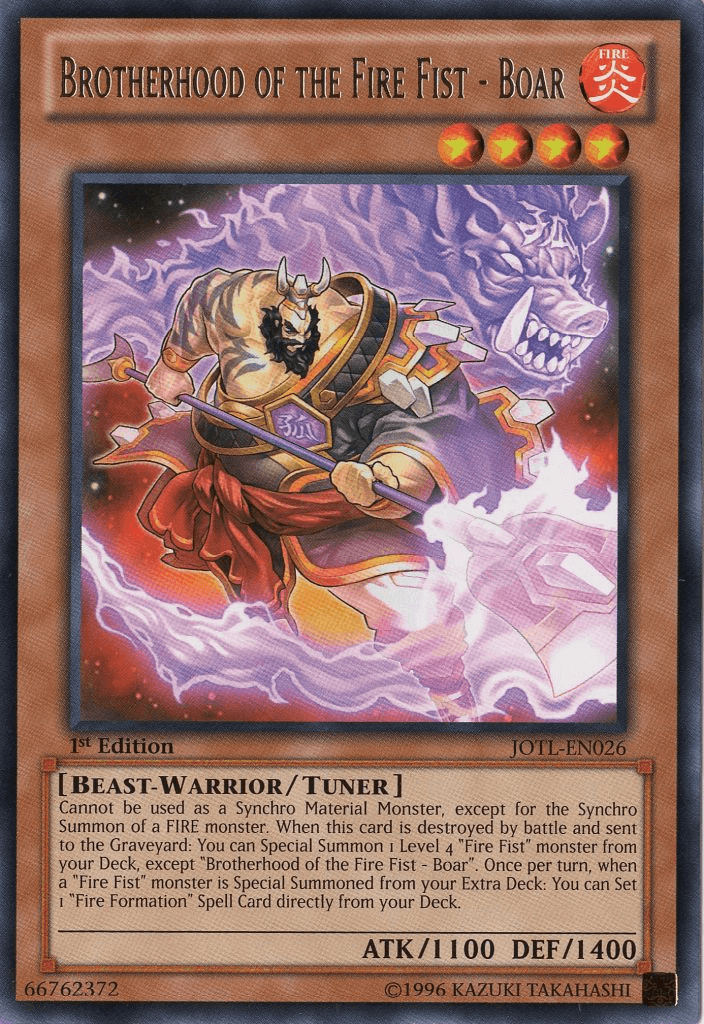 1st Edition, Beast-Warrior, Fire, Judgment of the Light, Rare, Tuner Monster, Unlimited Brotherhood of the Fire Fist - Boar [JOTL-EN026] Rare - Trading Card World