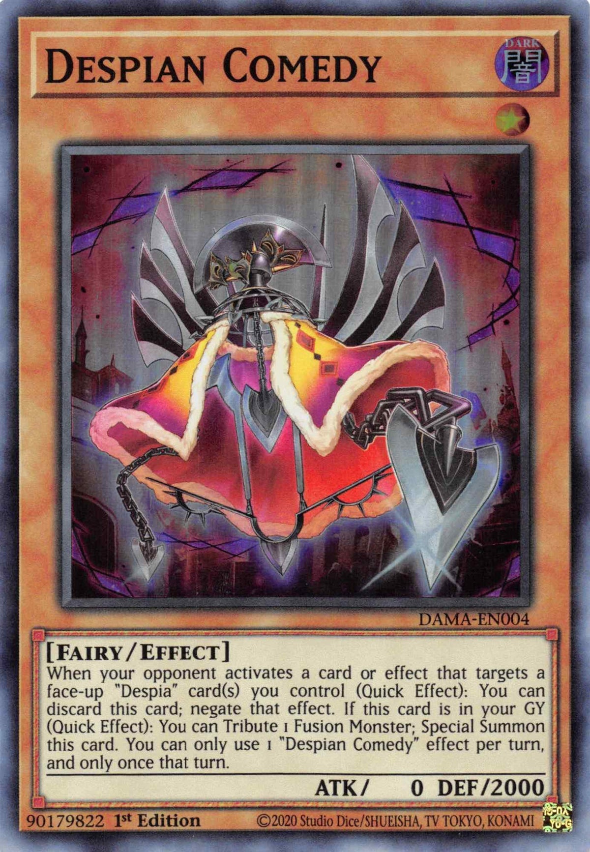 1st Edition, Dark, Dawn of Majesty, Effect Monster, Fairy, Super Rare Despian Comedy [DAMA-EN004] Super Rare - Trading Card World