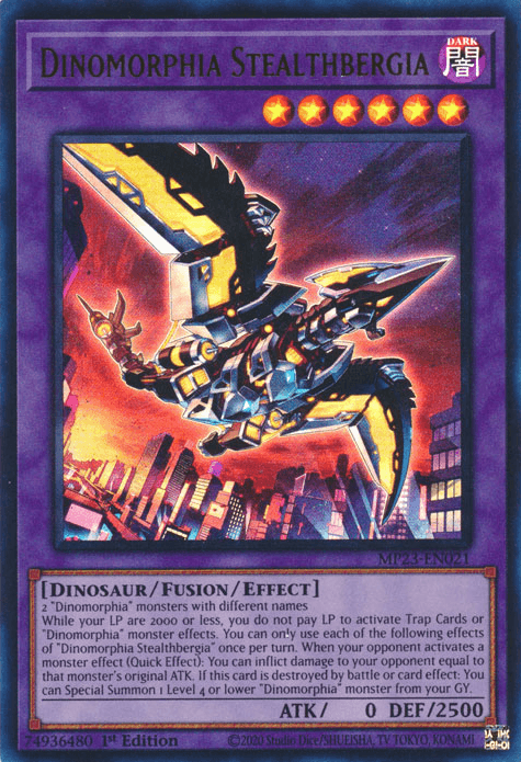 1st Edition, Dark, Dinosaur, Dueling Heroes Collectors Tin - Mega Pack (25th Anniversary Edition), Fusion/Effect Monster, Ultra Rare Dinomorphia Stealthbergia [MP23-EN021] Ultra Rare - Trading Card World