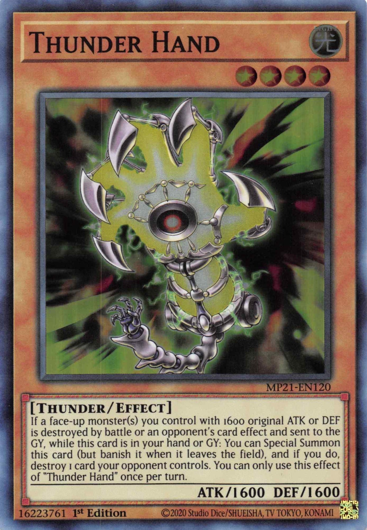 1st Edition, 2021 Tin of Ancient Battles, Effect Monster, Light, Super Rare, Thunder Thunder Hand [MP21-EN120] Super Rare - Trading Card World