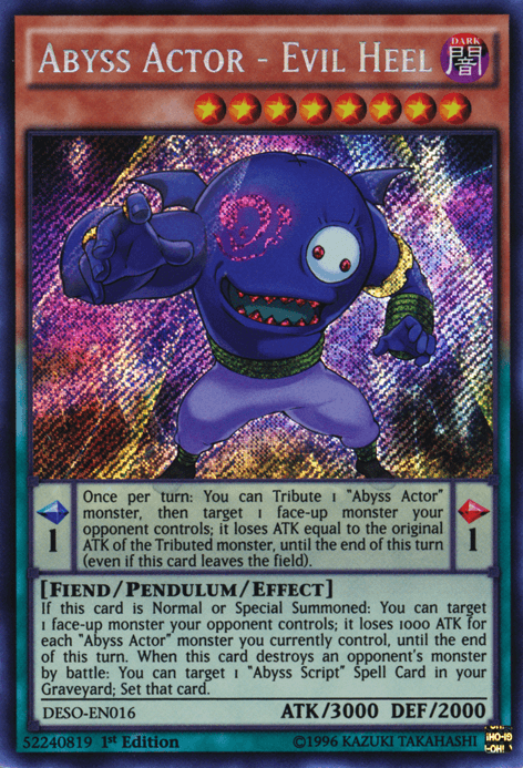 1st Edition, Dark, Destiny Soldiers, Fiend, Pendulum/Effect Monster, Secret Rare Abyss Actor - Evil Heel [DESO-EN016] Secret Rare - Trading Card World
