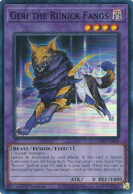 1st Edition, Beast, Dark, Fusion/Effect Monster, Super Rare, Tactical Masters Geri the Runick Fangs [TAMA-EN039] Super Rare - Trading Card World