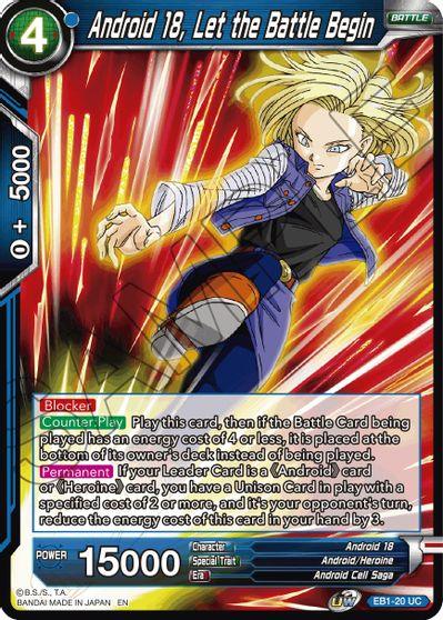Android 18, Android Cell Saga, Android Heroine, Battle, Battle Evolution Booster, Blue, EB1-20, Normal, Parallel Foil, Uncommon Android 18, Let the Battle Begin (EB1-20) [Battle Evolution Booster] - Trading Card World
