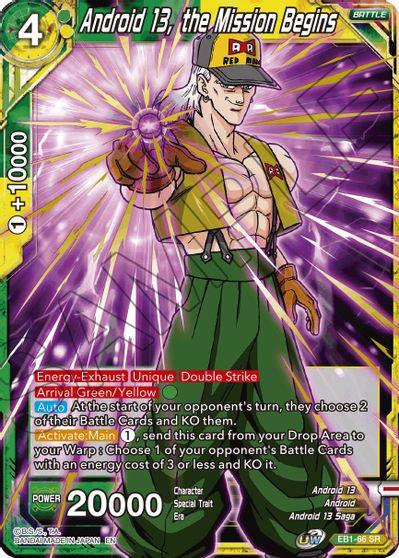 Android, Android 13, Android 13 Saga, Battle, Battle Evolution Booster, EB1-66, Green/Yellow, Normal, Super Rare Android 13, the Mission Begins (EB1-66) [Battle Evolution Booster] - Trading Card World