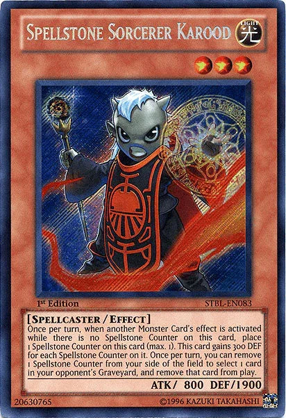 1st Edition, Effect Monster, Light, Secret Rare, Spellcaster, Starstrike Blast Spellstone Sorcerer Karood [STBL-EN083] Secret Rare - Trading Card World