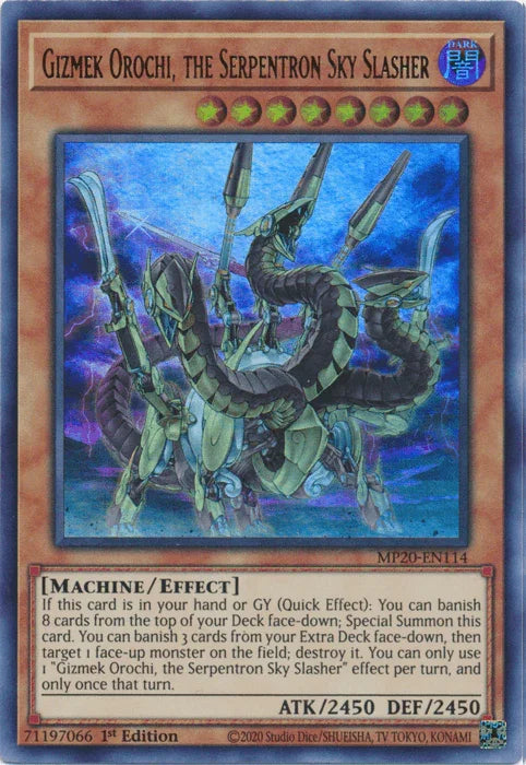 1st Edition, 2020 Tin of Lost Memories, Dark, Effect Monster, Machine, Ultra Rare Gizmek Orochi, the Serpentron Sky Slasher [MP20-EN114] Ultra Rare - Trading Card World