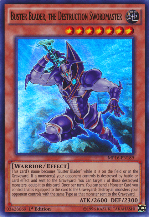 1st Edition, 2016 Mega-Tins Mega Pack, Earth, Effect Monster, Ultra Rare, Unlimited, Warrior Buster Blader, the Destruction Swordmaster [MP16-EN189] Ultra Rare - Trading Card World