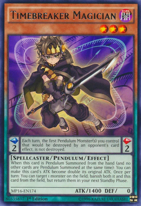1st Edition, 2016 Mega-Tins Mega Pack, Dark, Pendulum/Effect Monster, Rare, Spellcaster, Unlimited Timebreaker Magician [MP16-EN174] Rare - Trading Card World