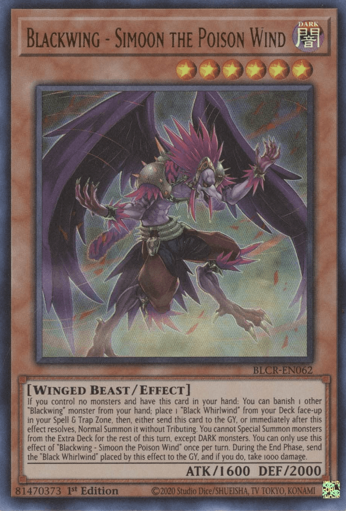 1st Edition, Battles of Legend: Crystal Revenge, Dark, Effect Monster, Ultra Rare, Winged Beast Blackwing - Simoon the Poison Wind [BLCR-EN062] Ultra Rare - Trading Card World
