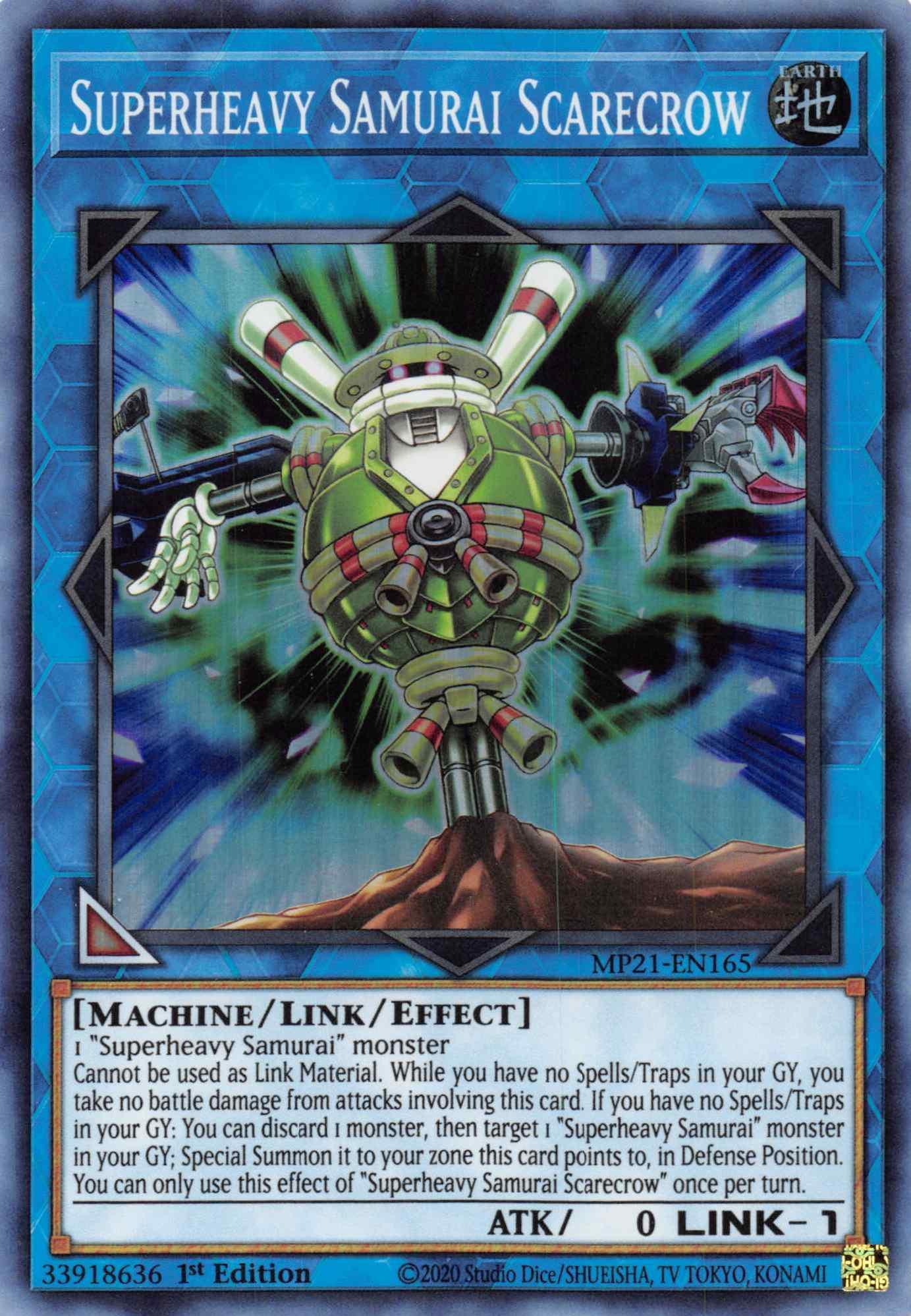 1st Edition, 2021 Tin of Ancient Battles, Earth, Link/Effect Monster, Machine, Super Rare Superheavy Samurai Scarecrow [MP21-EN165] Super Rare - Trading Card World