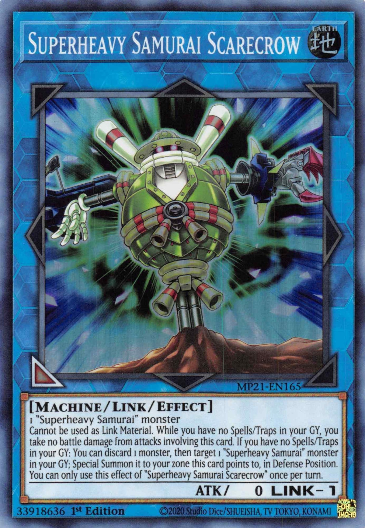 1st Edition, 2021 Tin of Ancient Battles, Earth, Link/Effect Monster, Machine, Super Rare Superheavy Samurai Scarecrow [MP21-EN165] Super Rare - Trading Card World