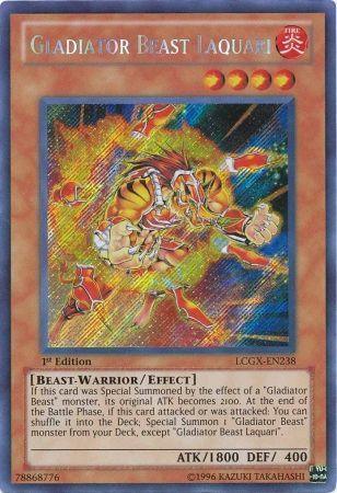 1st Edition, Beast-Warrior, Effect Monster, Fire, Legendary Collection 2, Secret Rare, Unlimited Gladiator Beast Laquari [LCGX-EN238] Secret Rare - Trading Card World