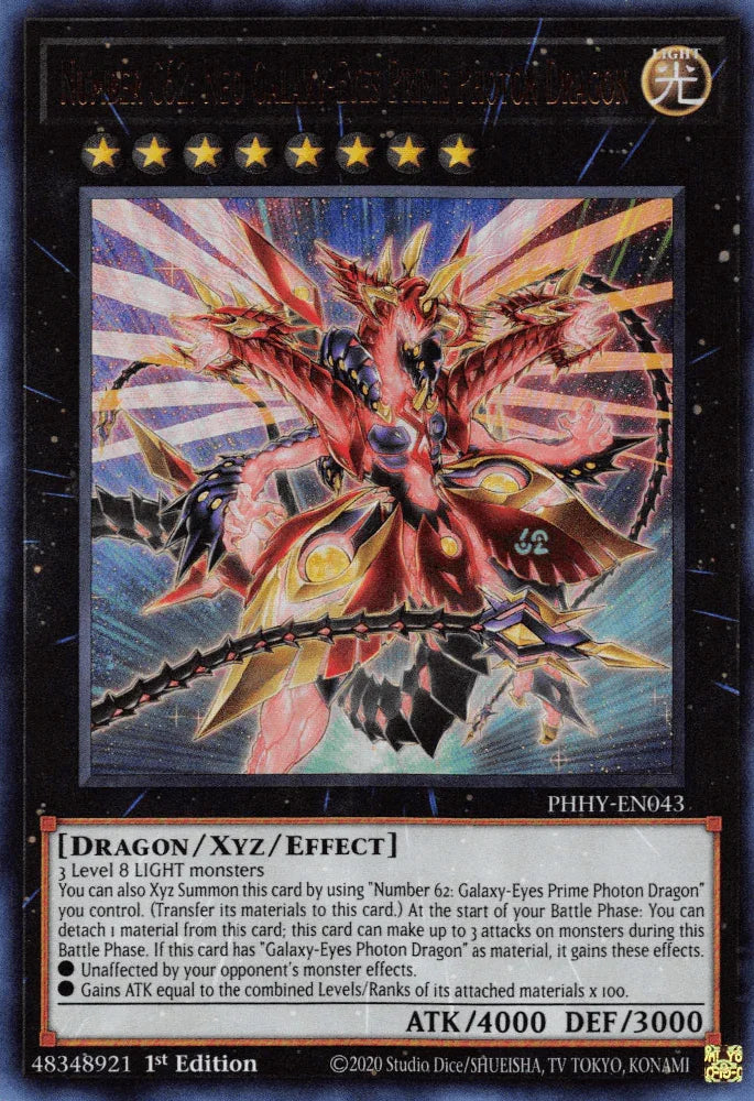 1st Edition, Dragon, Light, Photon Hypernova, Ultra Rare, Xyz/Effect Monster Number C62: Neo Galaxy-Eyes Prime Photon Dragon [PHHY-EN043] Ultra Rare - Trading Card World