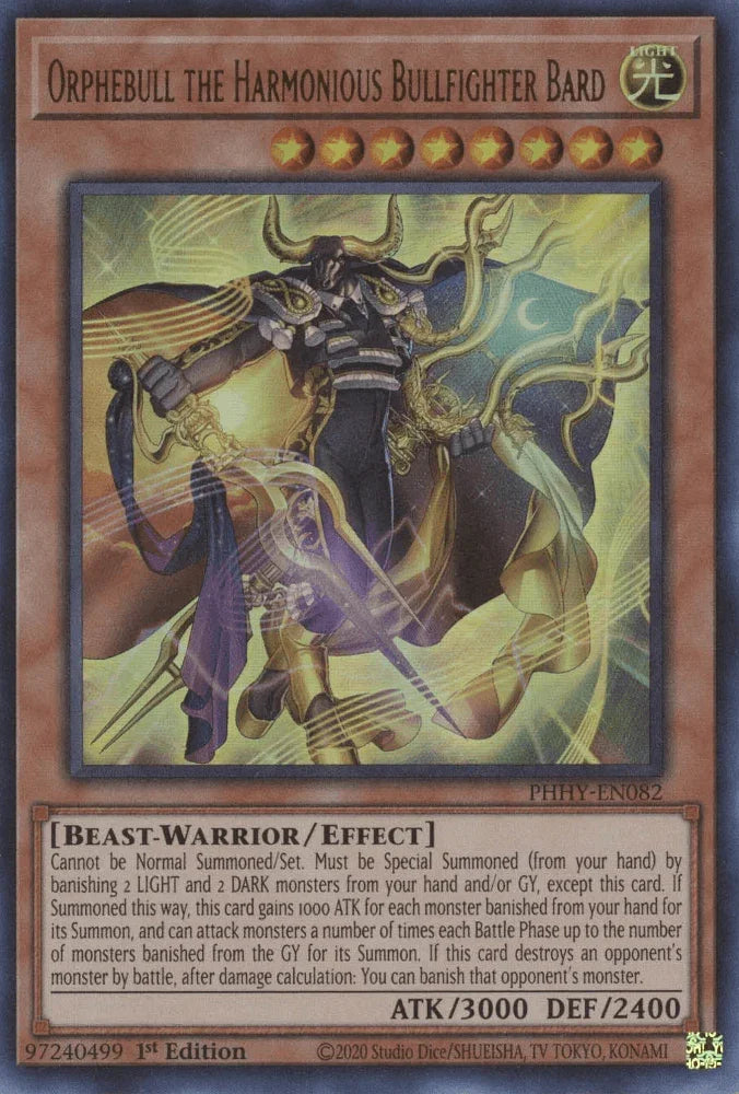 1st Edition, Beast-Warrior, Effect Monster, Light, Photon Hypernova, Ultra Rare Orphebull the Harmonious Bullfighter Bard [PHHY-EN082] Ultra Rare - Trading Card World