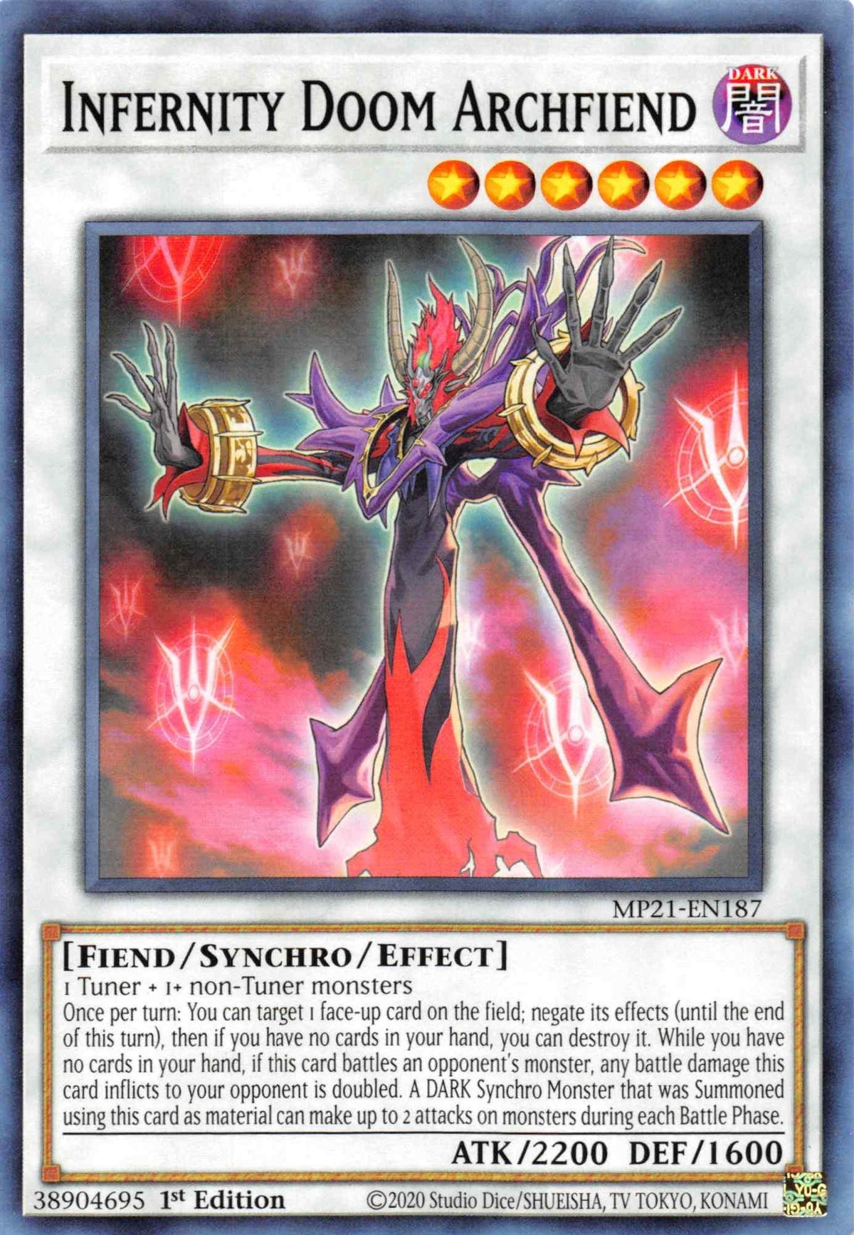 1st Edition, 2021 Tin of Ancient Battles, Common, Dark, Fiend, Synchro/Effect Monster Infernity Doom Archfiend [MP21-EN187] Common - Trading Card World