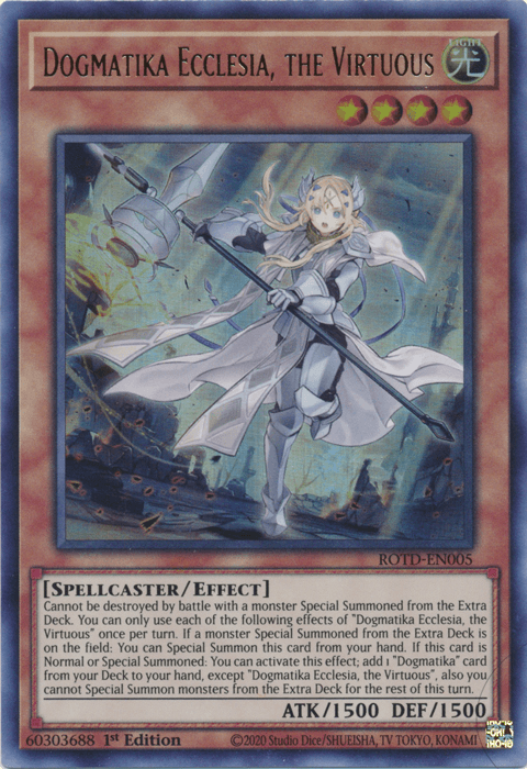 1st Edition, Effect Monster, Light, Rise of the Duelist, Spellcaster, Starlight Rare Dogmatika Ecclesia, the Virtuous [ROTD-EN005] Starlight Rare - Trading Card World