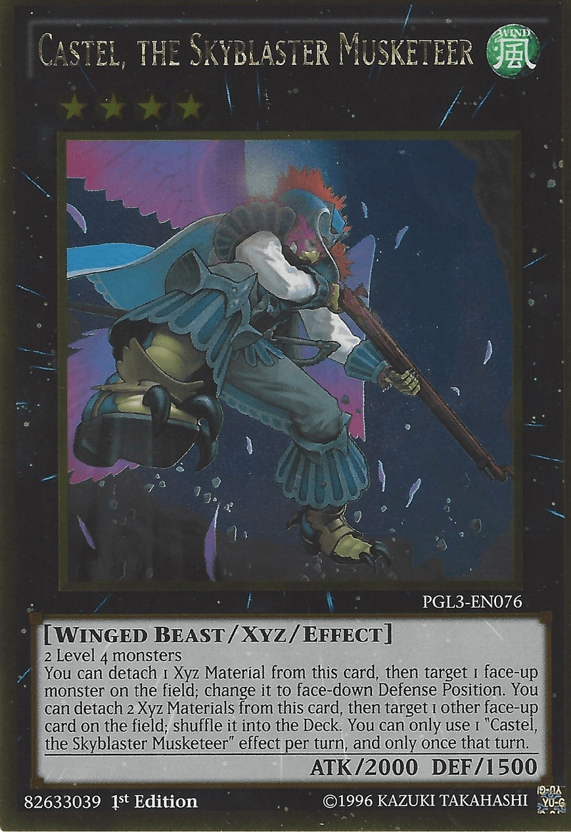 1st Edition, Gold Rare, Premium Gold: Infinite Gold, Wind, Winged Beast, Xyz/Effect Monster Castel, the Skyblaster Musketeer [PGL3-EN076] Gold Rare - Trading Card World