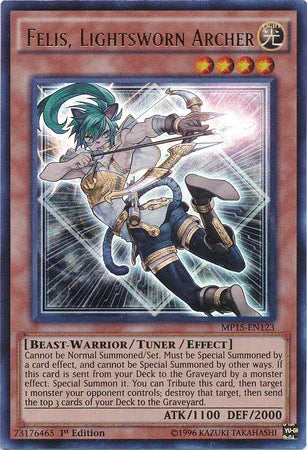 1st Edition, 2015 Mega-Tins Mega Pack, Beast-Warrior, Light, Tuner/Effect Monster, Ultra Rare Felis, Lightsworn Archer [MP15-EN123] Ultra Rare - Trading Card World
