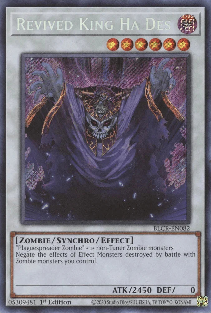 1st Edition, Battles of Legend: Crystal Revenge, Dark, Secret Rare, Synchro/Effect Monster, Zombie Revived King Ha Des [BLCR-EN082] Secret Rare - Trading Card World