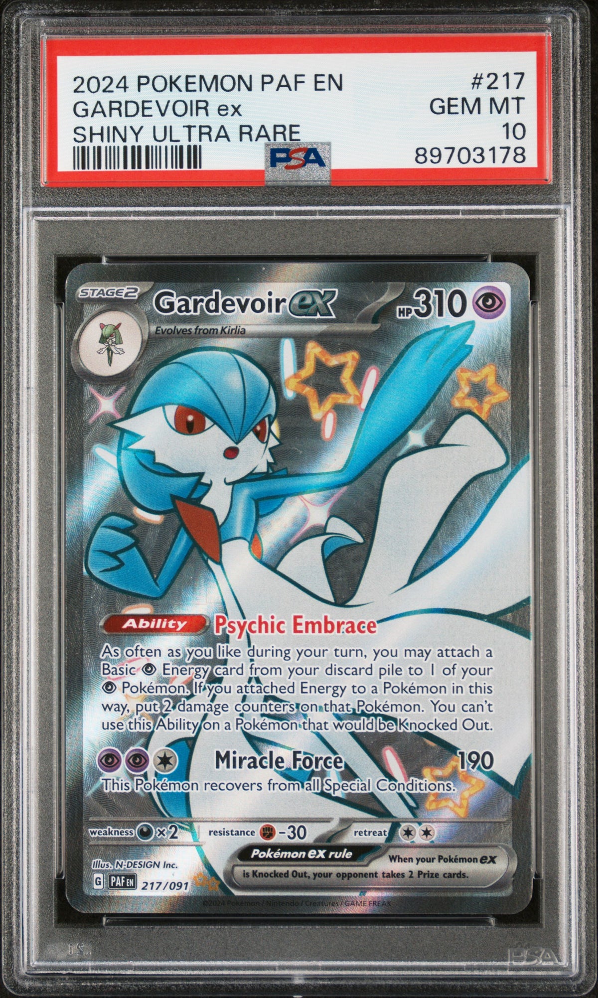 PSA 10 Gardevoir ex Shiny #217 · Paldean Fates · 2024 — front