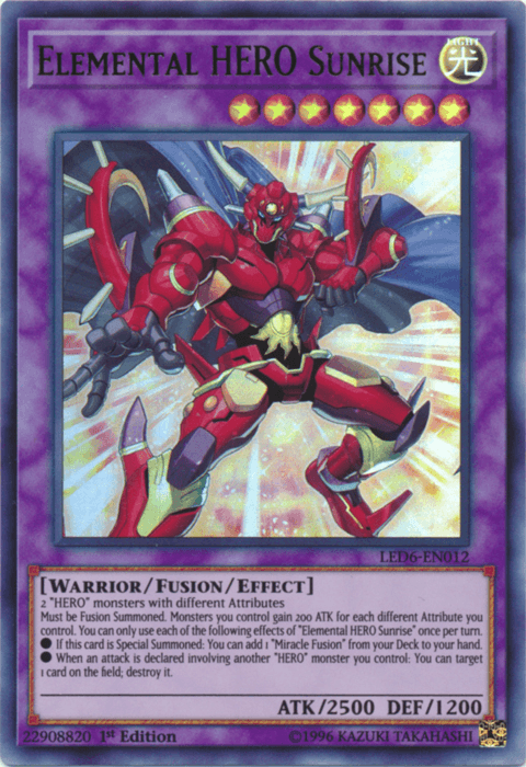1st Edition, Fusion/Effect Monster, Legendary Duelists: Magical Hero, Light, Ultra Rare, Unlimited, Warrior Elemental Hero Sunrise [LED6-EN012] Ultra Rare - Trading Card World