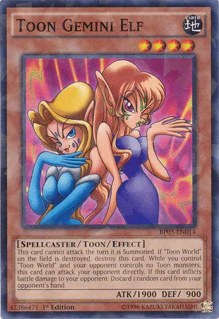 1st Edition, Battle Pack 3: Monster League, Earth, Shatterfoil Rare, Spellcaster, Toon/Effect Monster Toon Gemini Elf [BP03-EN014] Shatterfoil Rare - Trading Card World