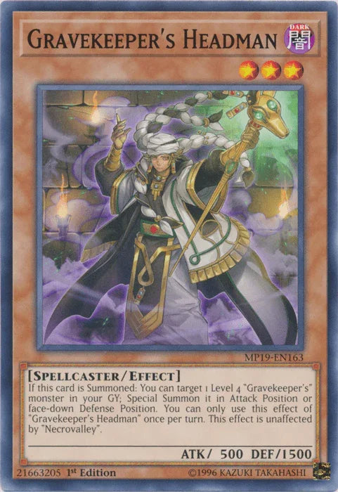 1st Edition, 2019 Gold Sarcophagus Tin Mega Pack, Common, Dark, Effect Monster, Spellcaster, Unlimited Gravekeeper's Headman [MP19-EN163] Common - Trading Card World