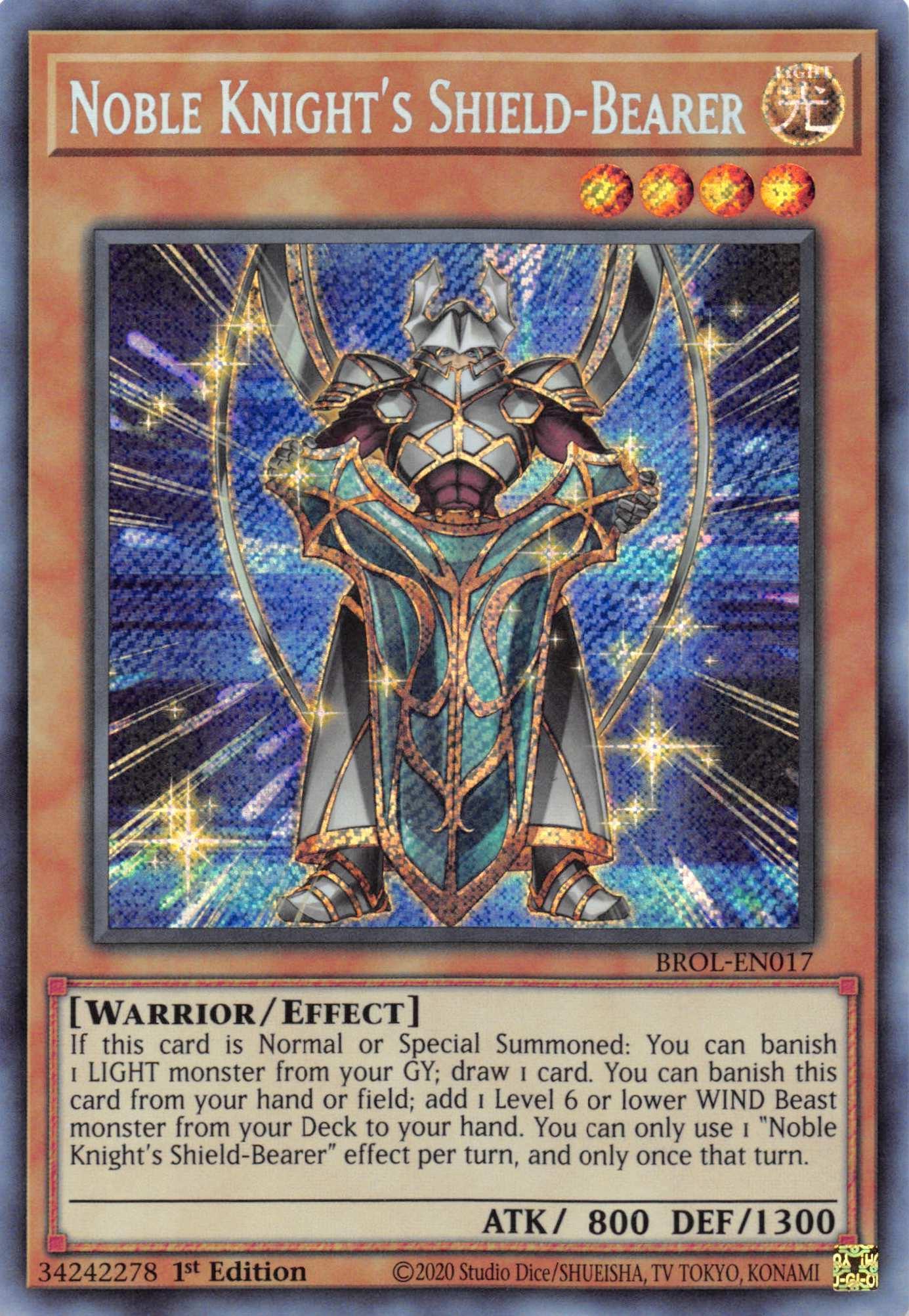 1st Edition, Brothers of Legend, Effect Monster, Light, Secret Rare, Warrior Noble Knight's Shield-Bearer [BROL-EN017] Secret Rare - Trading Card World