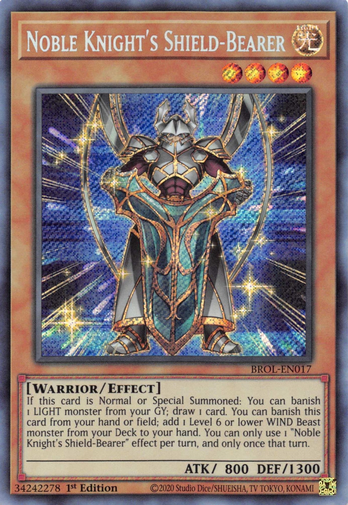 1st Edition, Brothers of Legend, Effect Monster, Light, Secret Rare, Warrior Noble Knight's Shield-Bearer [BROL-EN017] Secret Rare - Trading Card World
