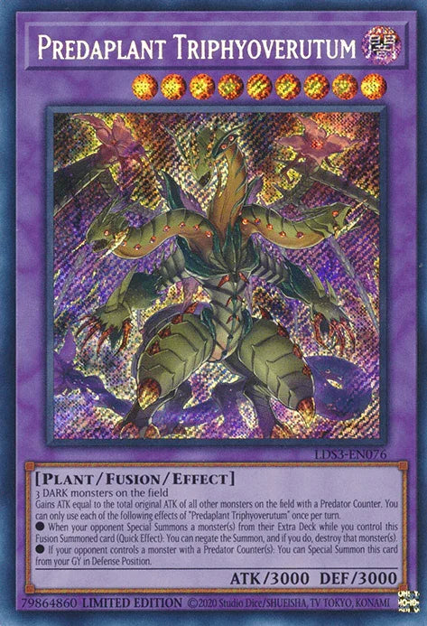 Dark, Fusion/Effect Monster, Legendary Duelists: Season 3, Limited, Plant, Secret Rare Predaplant Triphyoverutum [LDS3-EN076] Secret Rare - Trading Card World