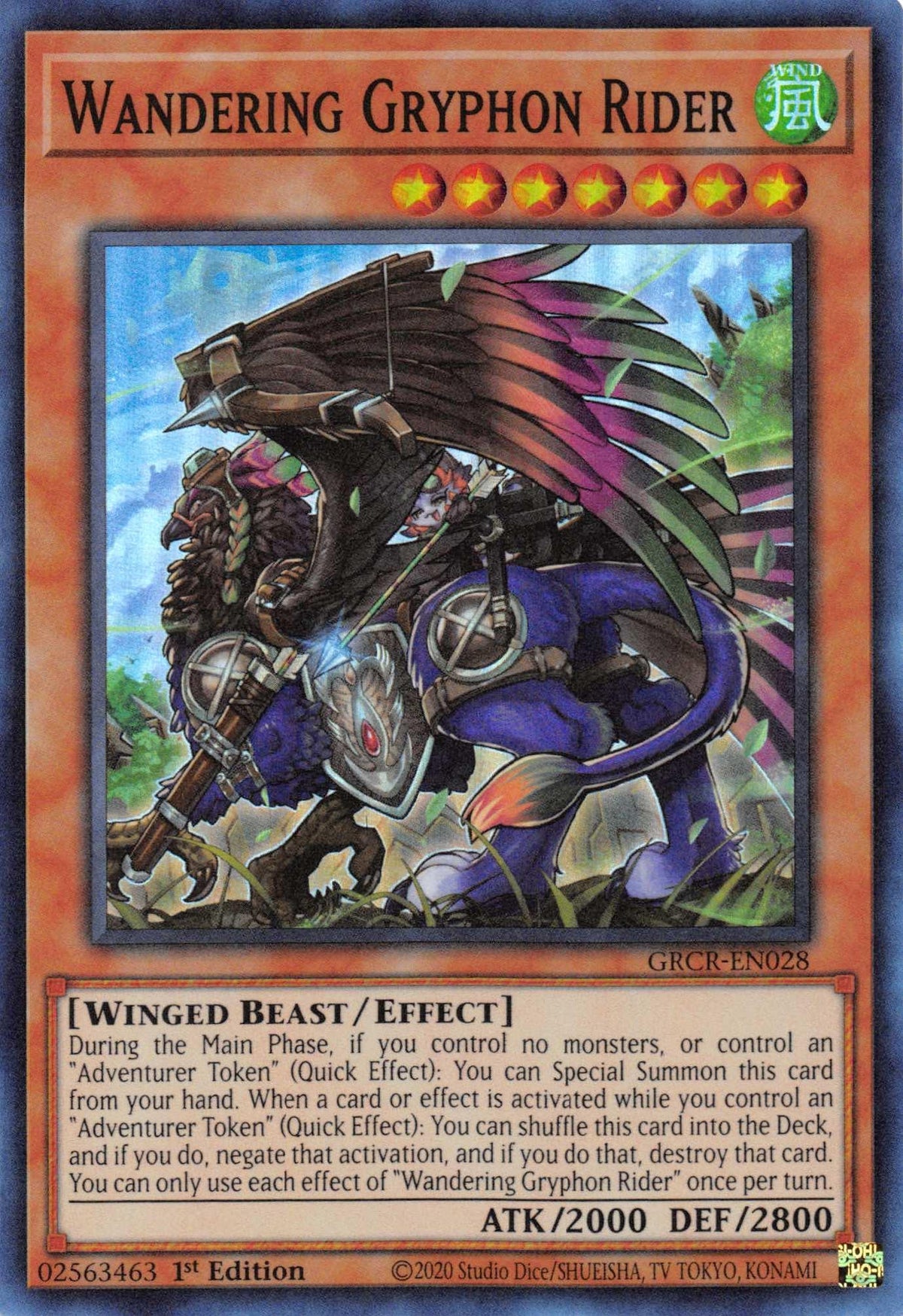 1st Edition, Effect Monster, Super Rare, The Grand Creators, Wind, Winged Beast Wandering Gryphon Rider [GRCR-EN028] Super Rare - Trading Card World