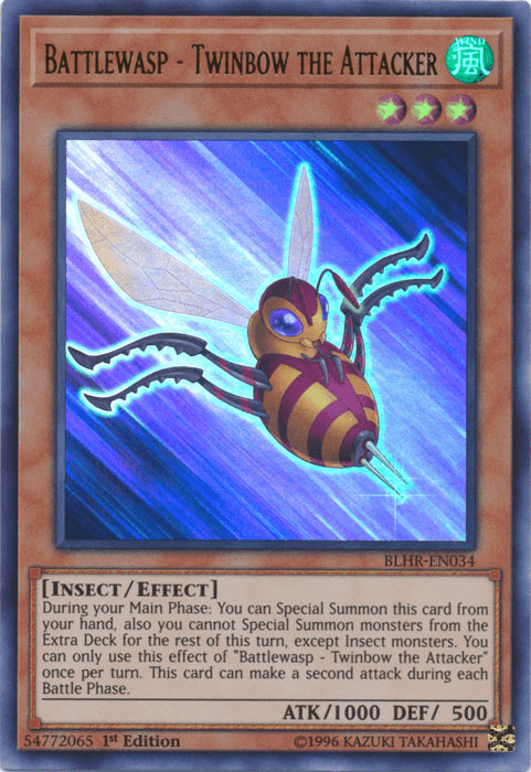 1st Edition, Battles of Legend: Hero's Revenge, Effect Monster, Insect, Ultra Rare, Wind Battlewasp - Twinbow the Attacker [BLHR-EN034] Ultra Rare - Trading Card World