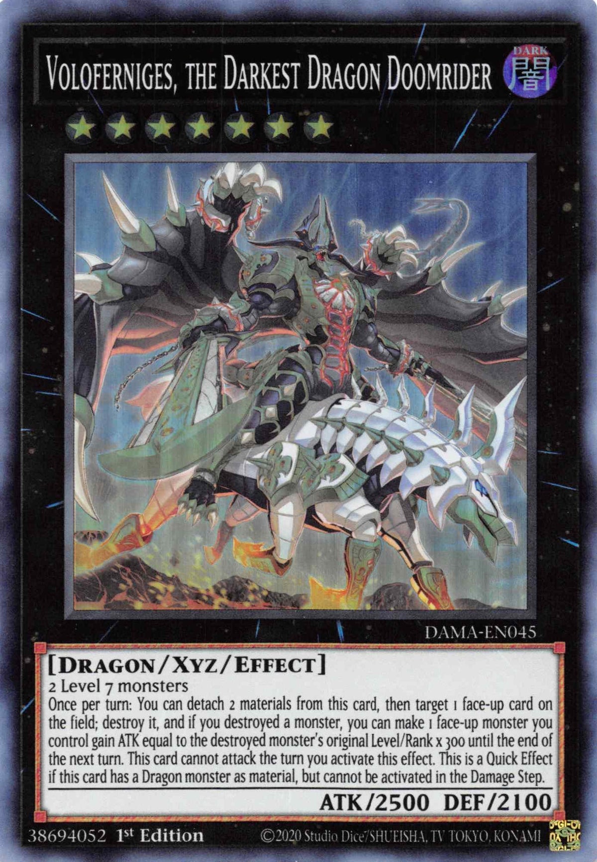 1st Edition, Dark, Dawn of Majesty, Dragon, Super Rare, Xyz/Effect Monster Voloferniges, the Darkest Dragon Doomrider [DAMA-EN045] Super Rare - Trading Card World