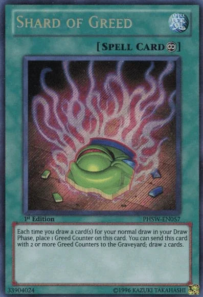 1st Edition, Continuous Spell, Photon Shockwave, Secret Rare, Spell, Unlimited Shard of Greed [PHSW-EN057] Secret Rare - Trading Card World