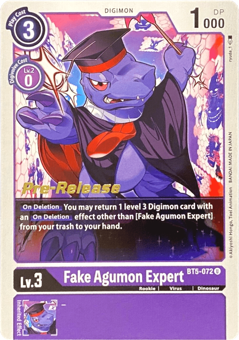 Battle of Omni Pre-Release Promos, BT5-072, Digimon, Dinosaur, Purple, Rookie, Uncommon, Virus Fake Agumon Expert [BT5-072] [Battle of Omni Pre-Release Promos] - Trading Card World