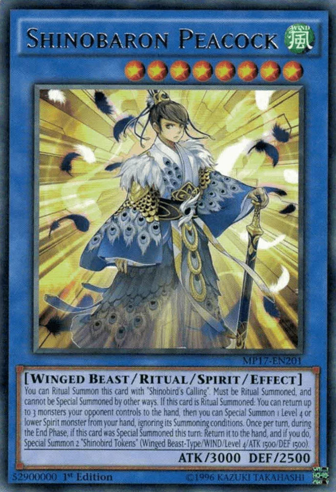1st Edition, 2017 Mega-Tins Mega Pack, Rare, Ritual/Spirit/Effect Monster, Wind, Winged Beast Shinobaron Peacock [MP17-EN201] Rare - Trading Card World