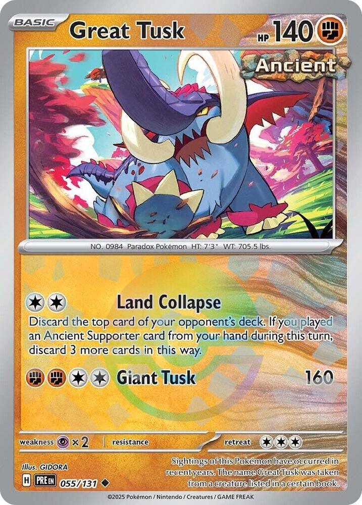 055, Fighting, Holofoil, Psychic [x2], Scarlet & Violet: Prismatic Evolutions, Uncommon Great Tusk (055/131) (Poke Ball Pattern) [Scarlet & Violet: Prismatic Evolutions] - Trading Card World