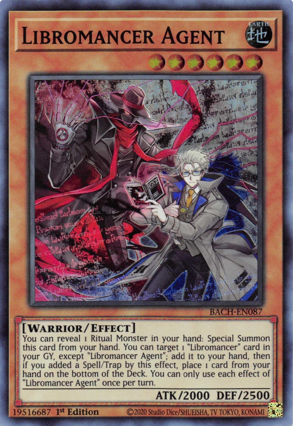 1st Edition, Battle of Chaos, Earth, Effect Monster, Super Rare, Warrior Libromancer Agent [BACH-EN087] Super Rare - Trading Card World
