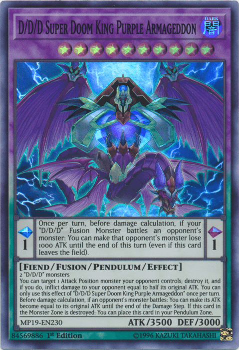 1st Edition, 2019 Gold Sarcophagus Tin Mega Pack, Dark, Fiend, Fusion/Pendulum/Effect Monster, Super Rare, Unlimited D/D/D Super Doom King Purple Armageddon [MP19-EN230] Super Rare - Trading Card World