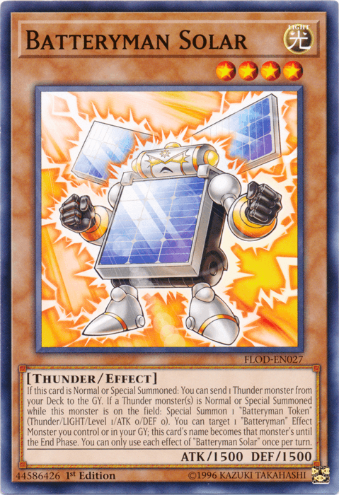 1st Edition, Common, Effect Monster, Flames of Destruction, Light, Thunder, Unlimited Batteryman Solar [FLOD-EN027] Common - Trading Card World