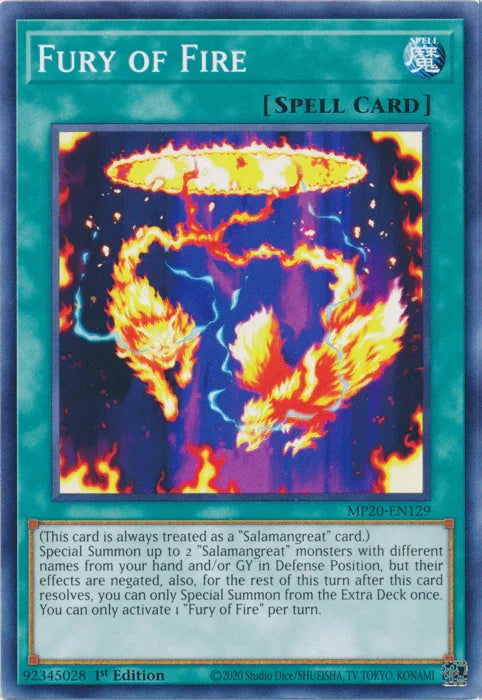 1st Edition, 2020 Tin of Lost Memories, Common, Normal Spell, Spell Fury of Fire [MP20-EN129] Common - Trading Card World