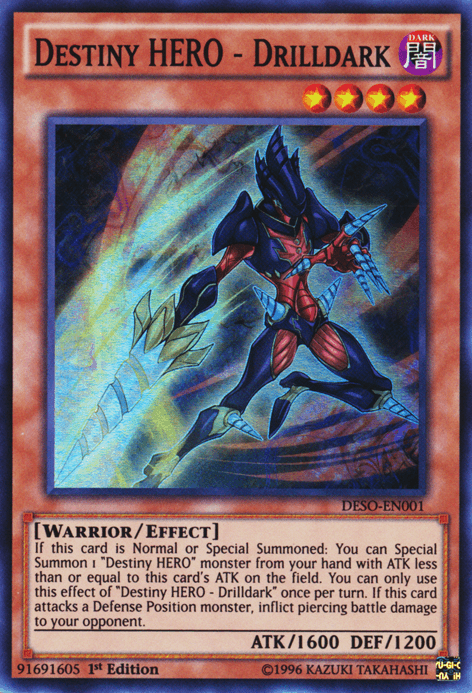 1st Edition, Dark, Destiny Soldiers, Effect Monster, Super Rare, Warrior Destiny HERO - Drilldark [DESO-EN001] Super Rare - Trading Card World