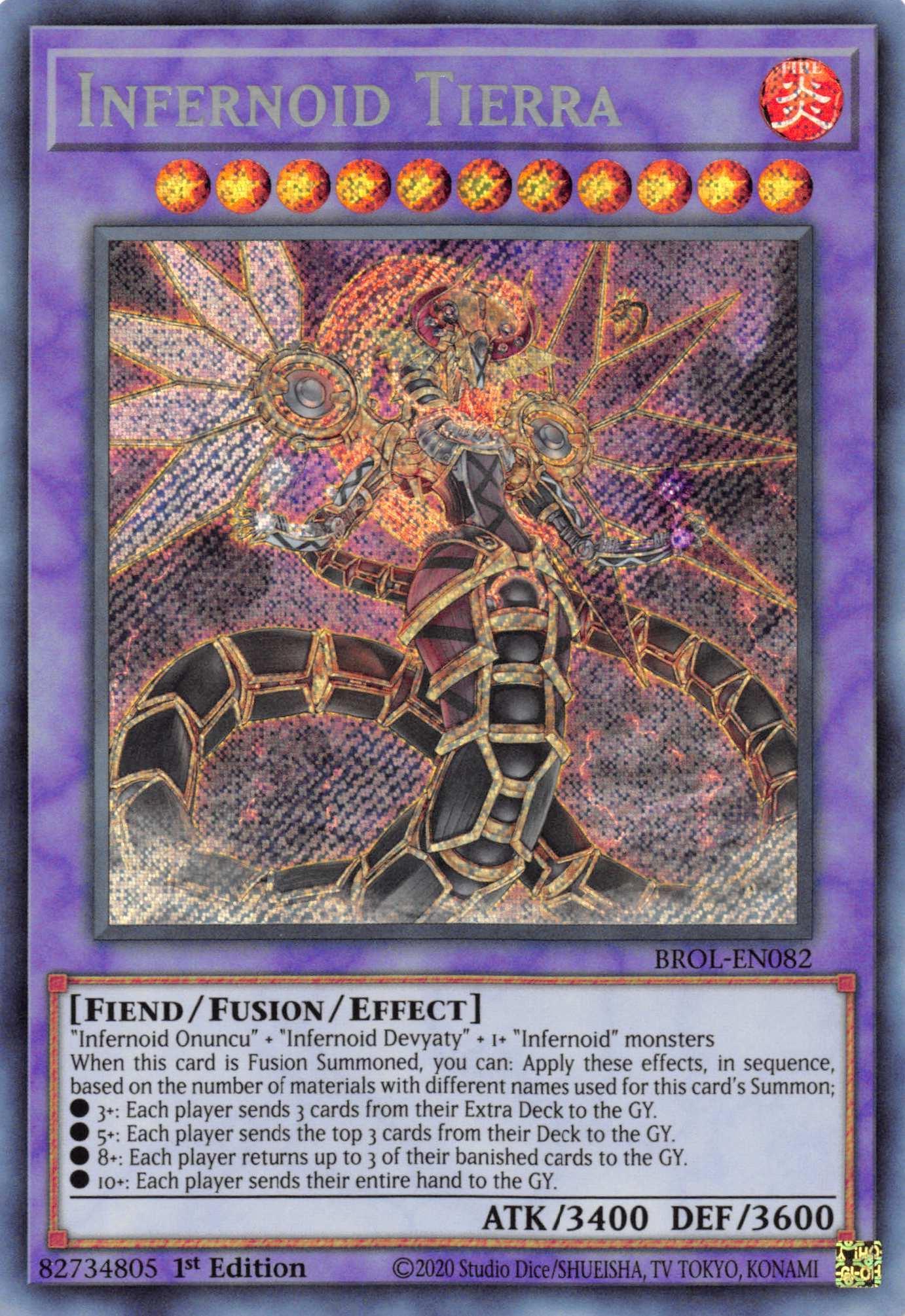 1st Edition, Brothers of Legend, Fiend, Fire, Fusion/Effect Monster, Secret Rare Infernoid Tierra [BROL-EN082] Secret Rare - Trading Card World