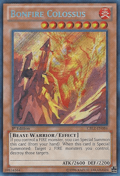 1st Edition, Beast-Warrior, Cosmo Blazer, Effect Monster, Fire, Secret Rare, Unlimited Bonfire Colossus [CBLZ-EN084] Secret Rare - Trading Card World