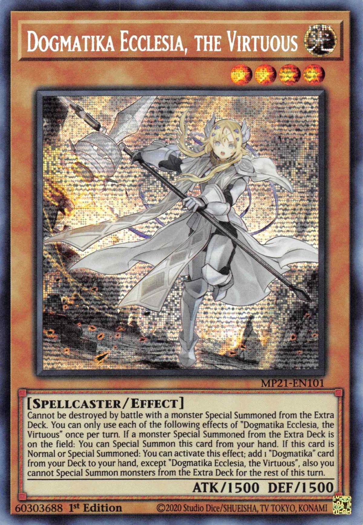 1st Edition, 2021 Tin of Ancient Battles, Effect Monster, Light, Prismatic Secret Rare, Spellcaster Dogmatika Ecclesia, the Virtuous [MP21-EN101] Prismatic Secret Rare - Trading Card World